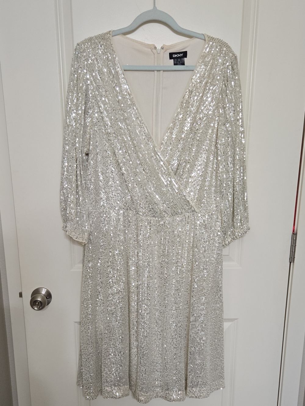 DKNY Silver Sequin V‑Neck Wrap Long Sleeve Dress